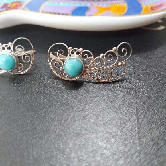 Vintage Turquoise & Silver Filigree Earrings Screwback Signed - Picture 2 of 3